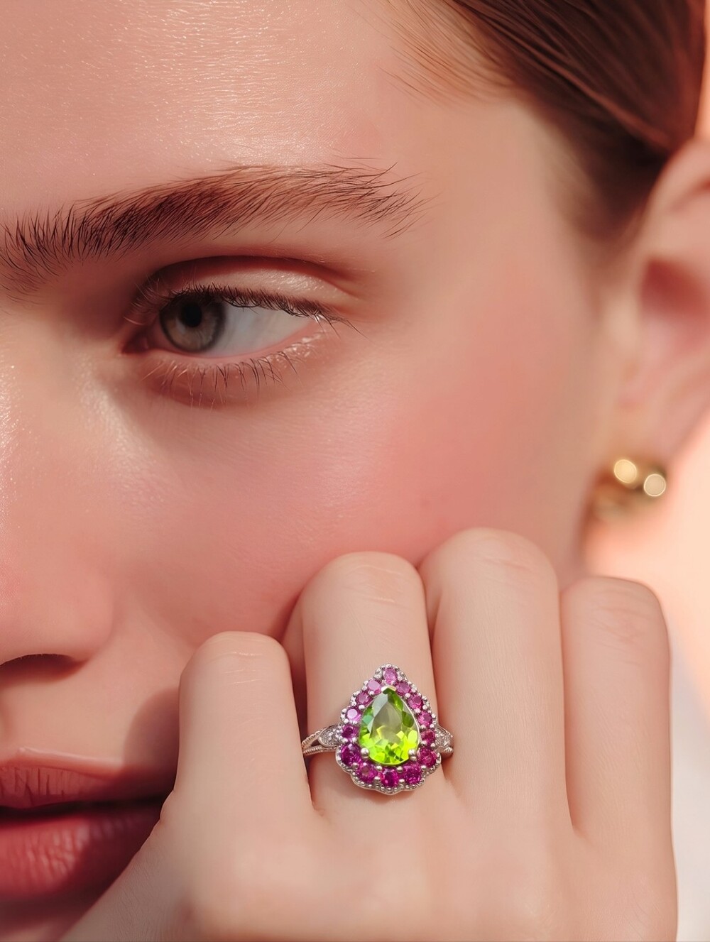 Artisan Peridot Rhodolite Garnet Silver Moissanite Halo Cocktail Ring 6 NWT